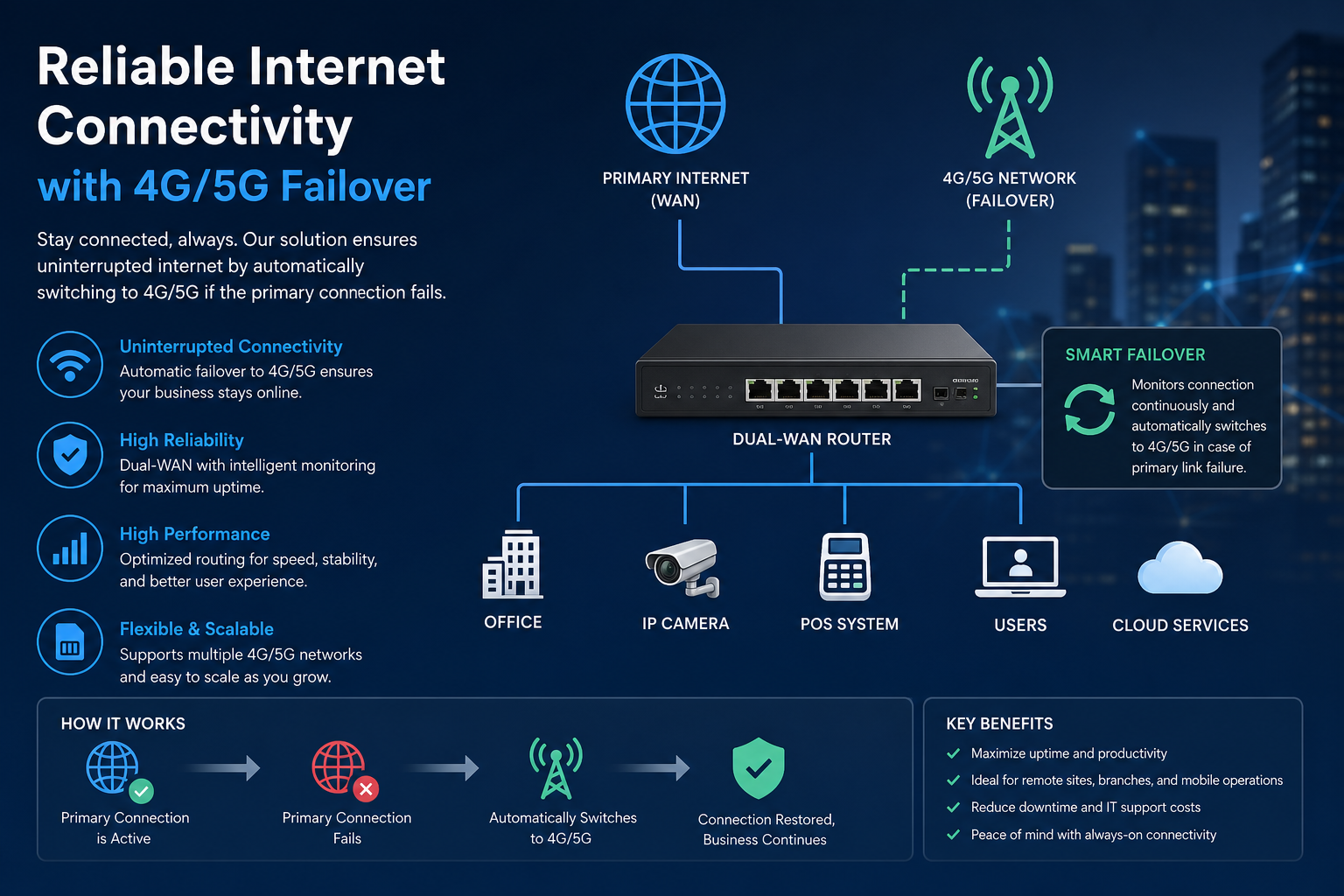 Reliable Internet Connectivity with 4G5G Failover ROSHA Group IT Solutions Infographic showing a dual WAN router with primary internet and 4G5G failover connected to office IP camera POS system users and cloud services